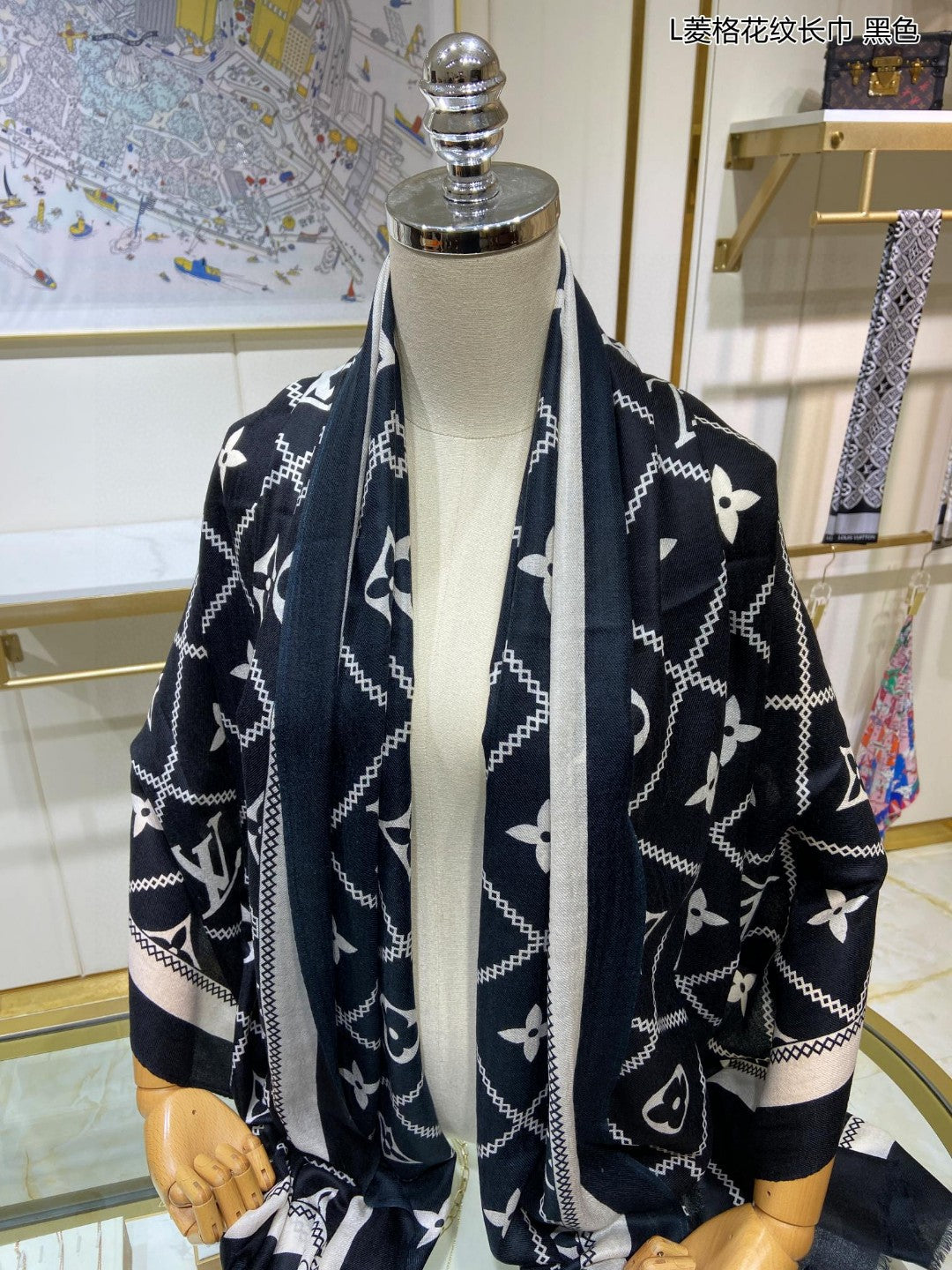 路L家-菱格花紋圍巾 110*200cm 100%頂級羊絨 黑色