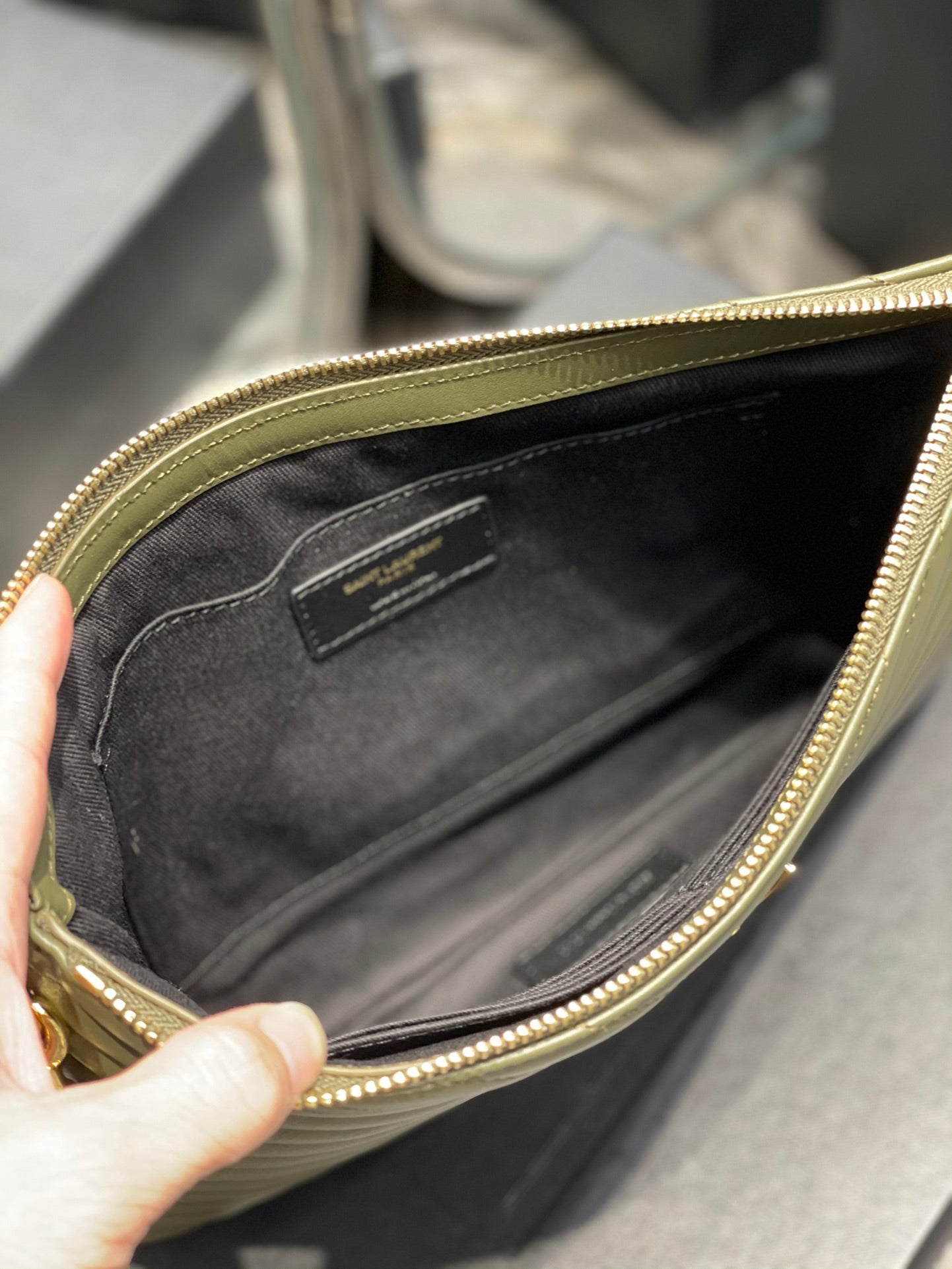 YSL_提花拼接文件手拿包-綠色金扣-30cm
