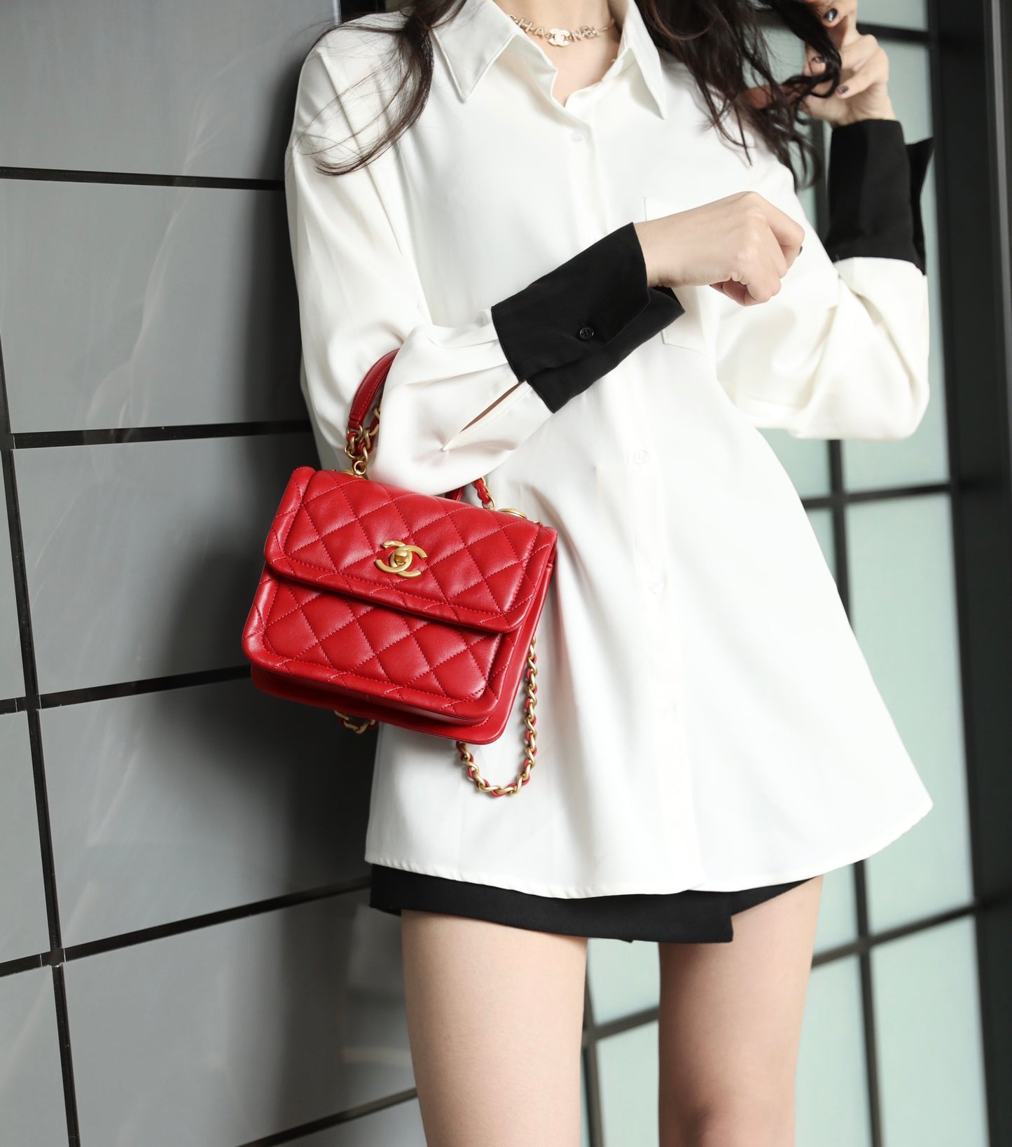 Chanel 小號豆腐包-紅色金扣