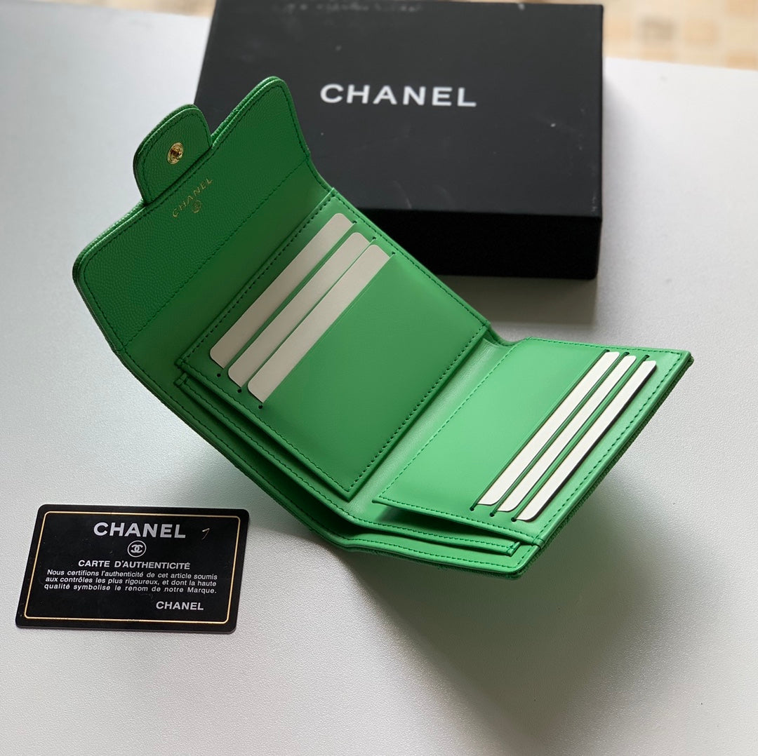 Chanel CF 三折短夾-綠色荔枝皮金釦