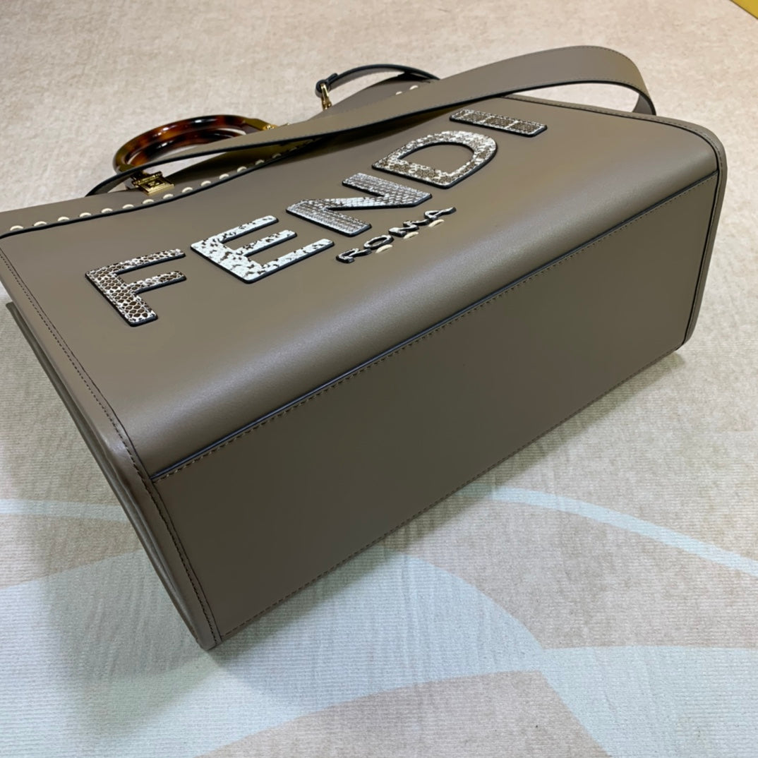 芬F家-Fendi Sunshine-中號灰色印花蛇皮手提袋