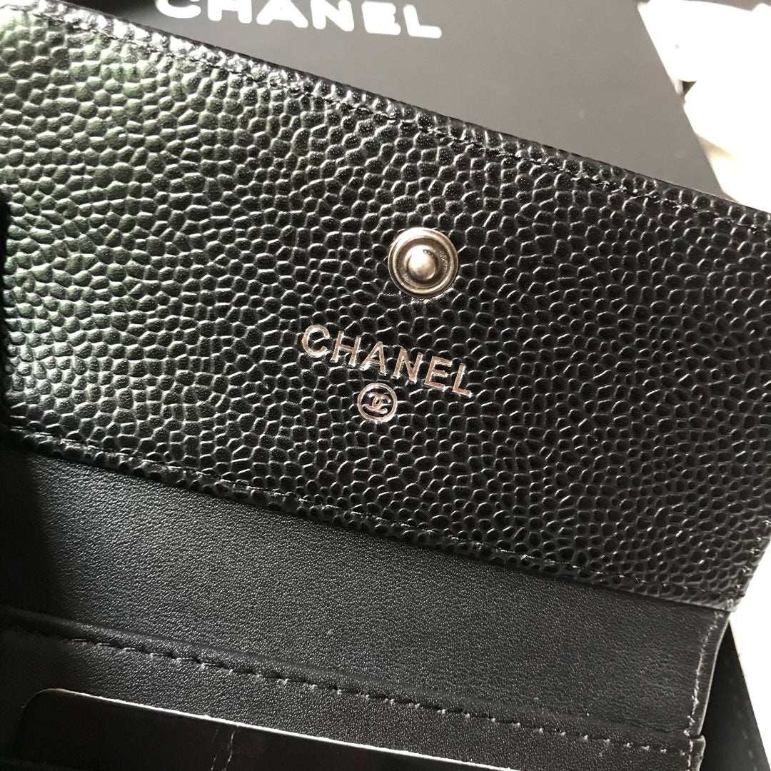 Chanel Leboy 三折短夾-黑色荔枝皮復古銀扣