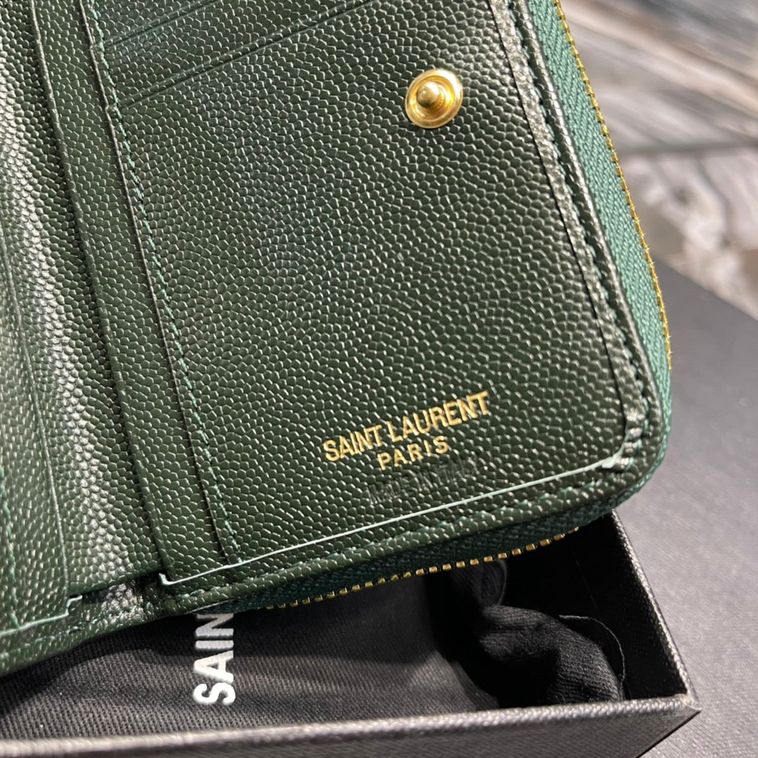 YSL 拉鍊短夾-綠色金扣