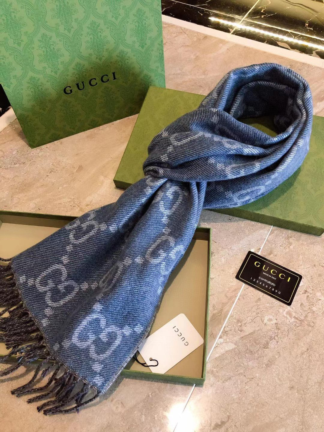 古G家-提花雙面圍巾 38*190cm 藍色