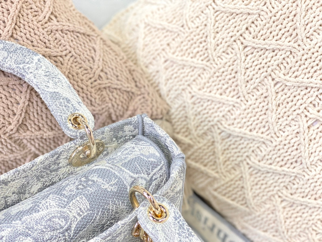 Dior Lady D-Lite黛妃包-帆布刺繡-淺灰老虎
