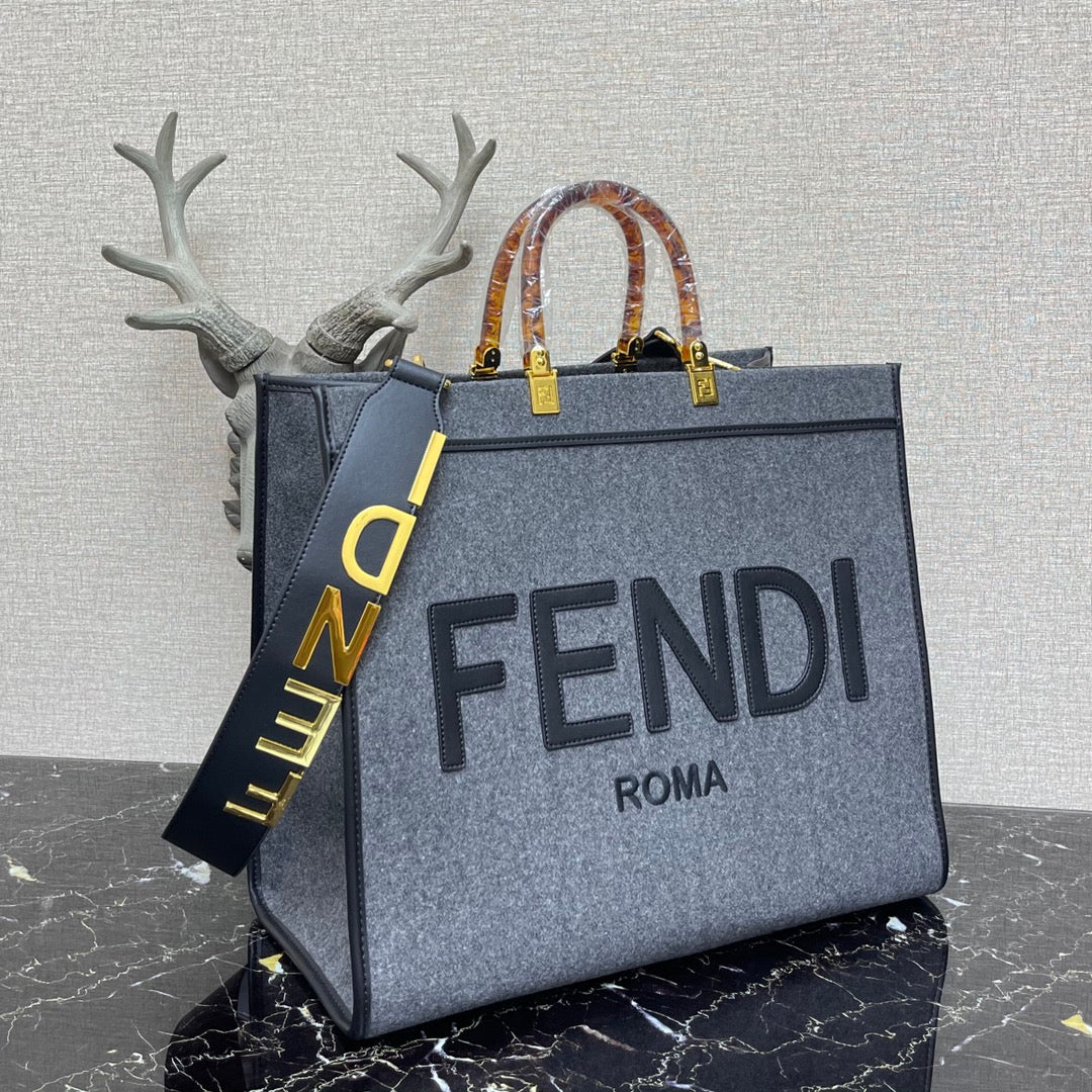 芬F家-Fendi Sunshine-中號灰色燙印牛皮手提袋