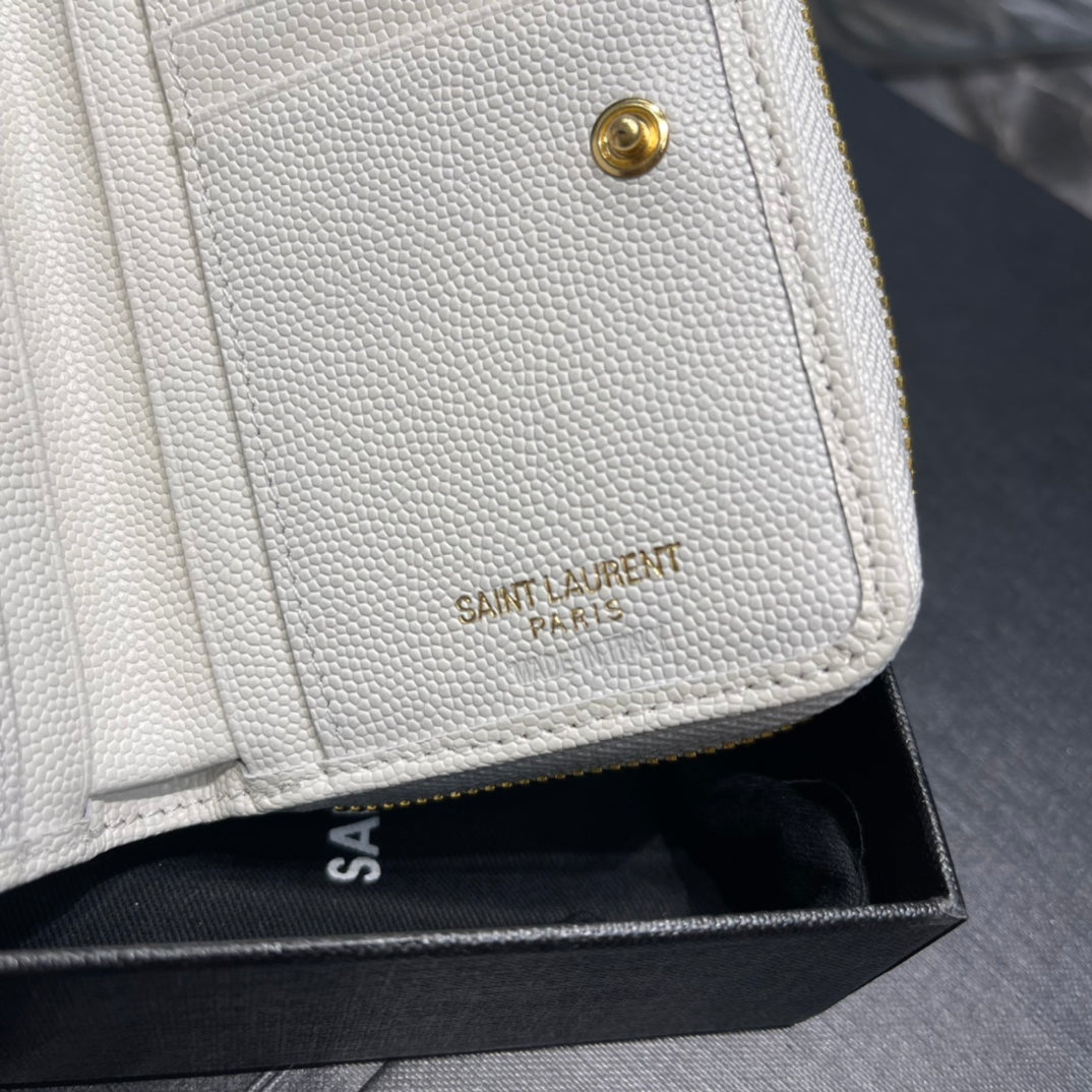YSL 拉鍊短夾 白色金扣