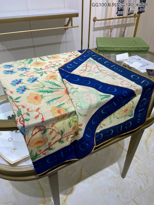 古G家-100系列花卉方形圍巾 140*140cm 80%羊絨+20%真絲 黑色