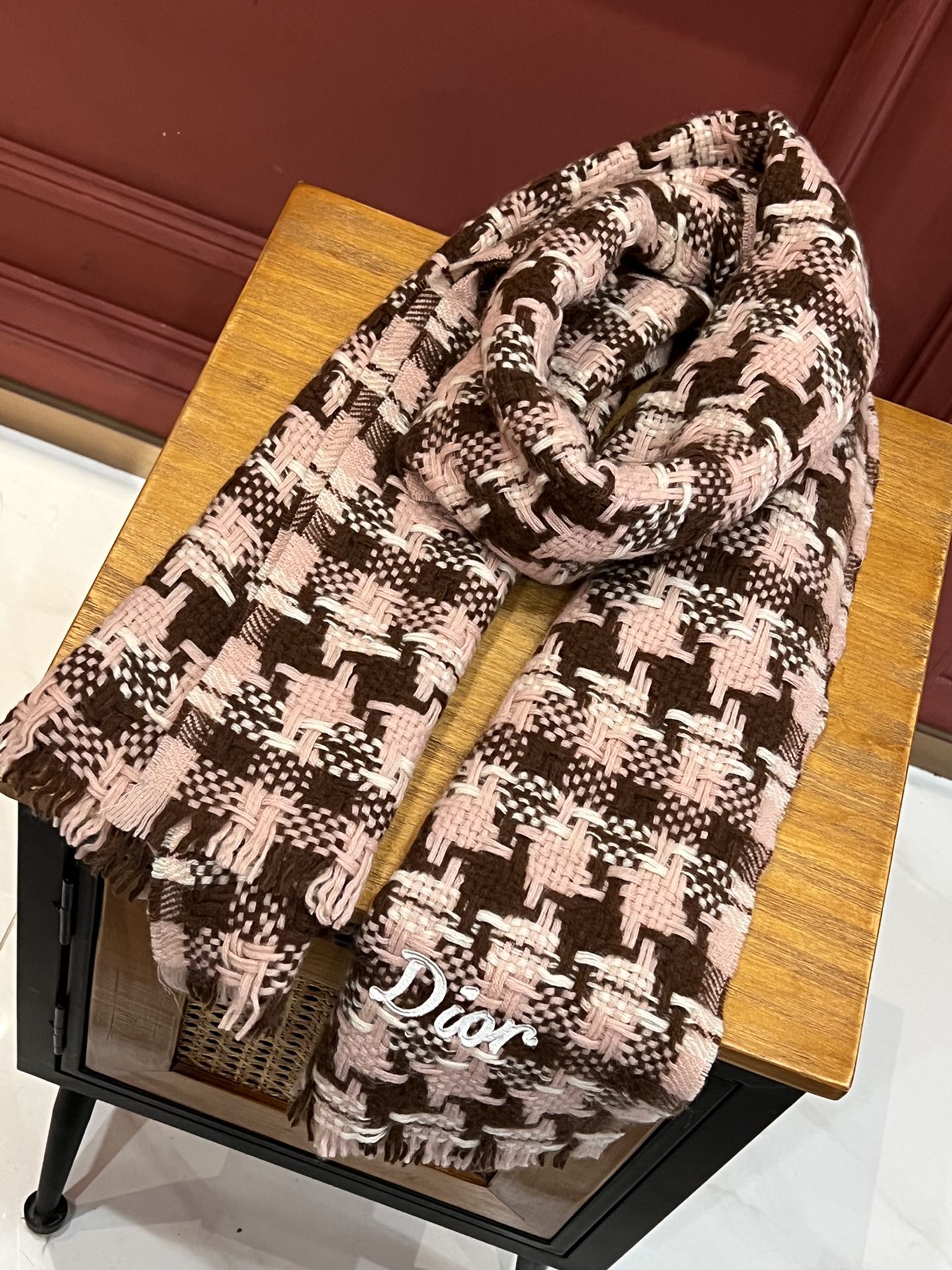 迪D家-山羊絨千鳥格圍巾 45*186cm 粉色