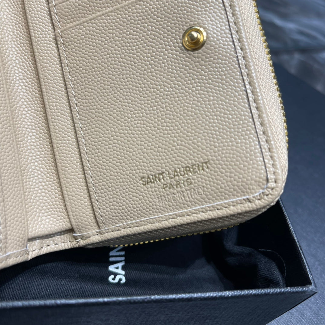 YSL 拉鍊短夾 杏色金扣