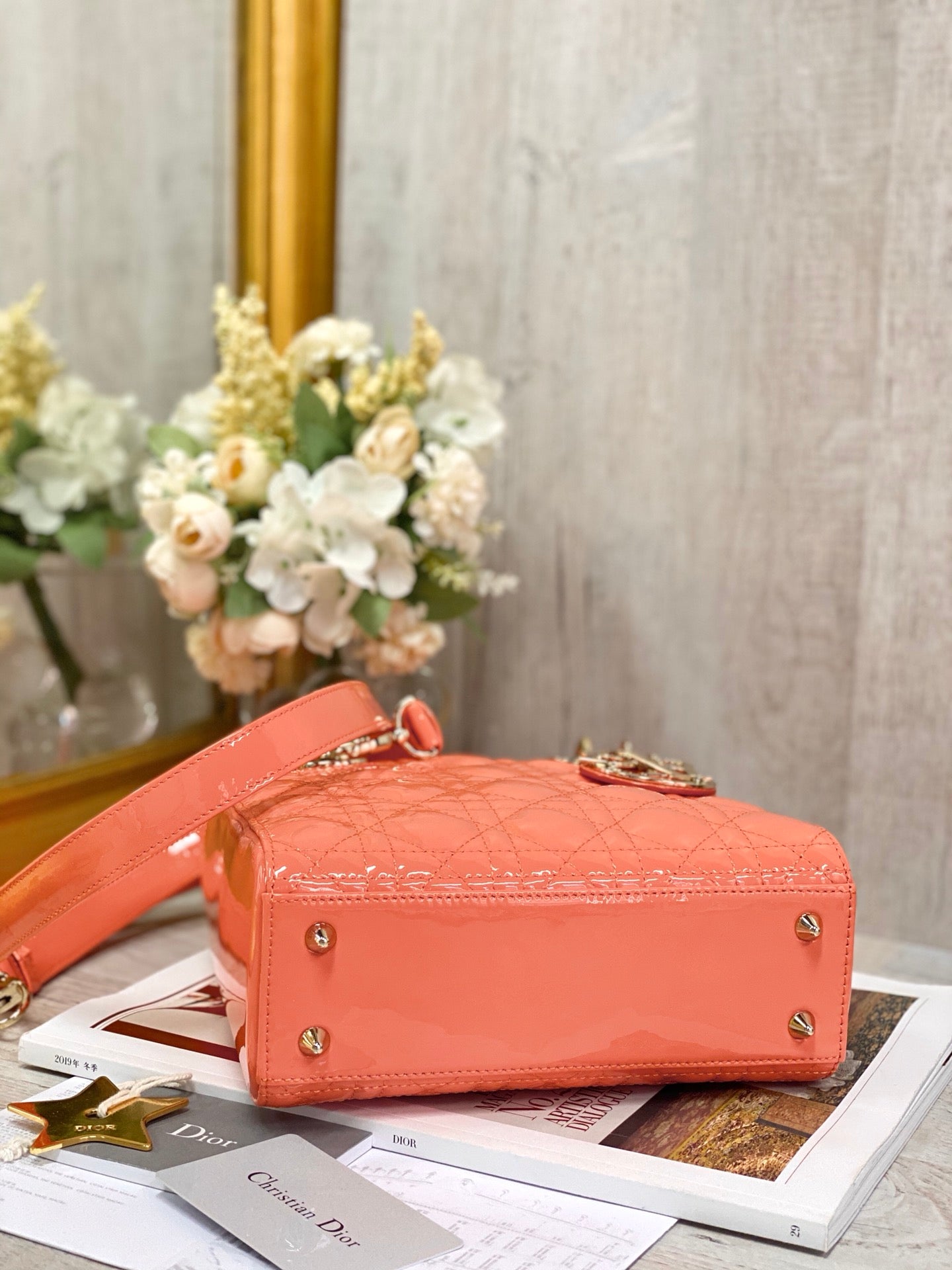 Dior Lady Dior-漆皮金扣-20cm-橙色