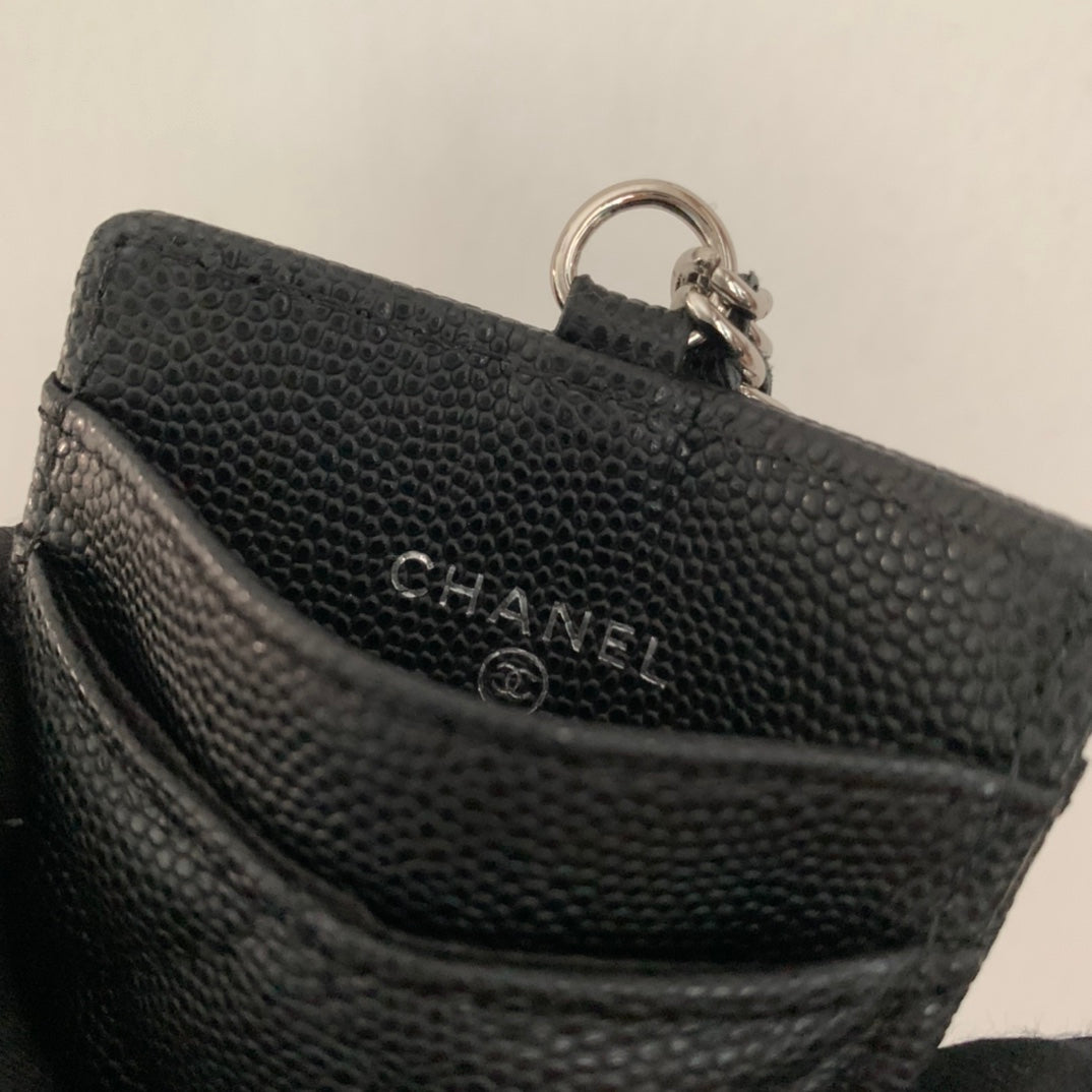 Chanel 證件套-黑色荔枝皮銀扣
