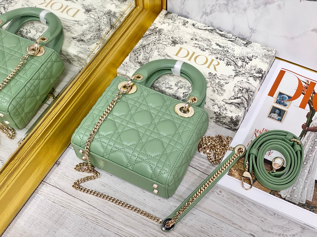 Dior-Mini Lady Dior手袋-三格黛妃-17cm-牛油果綠金扣