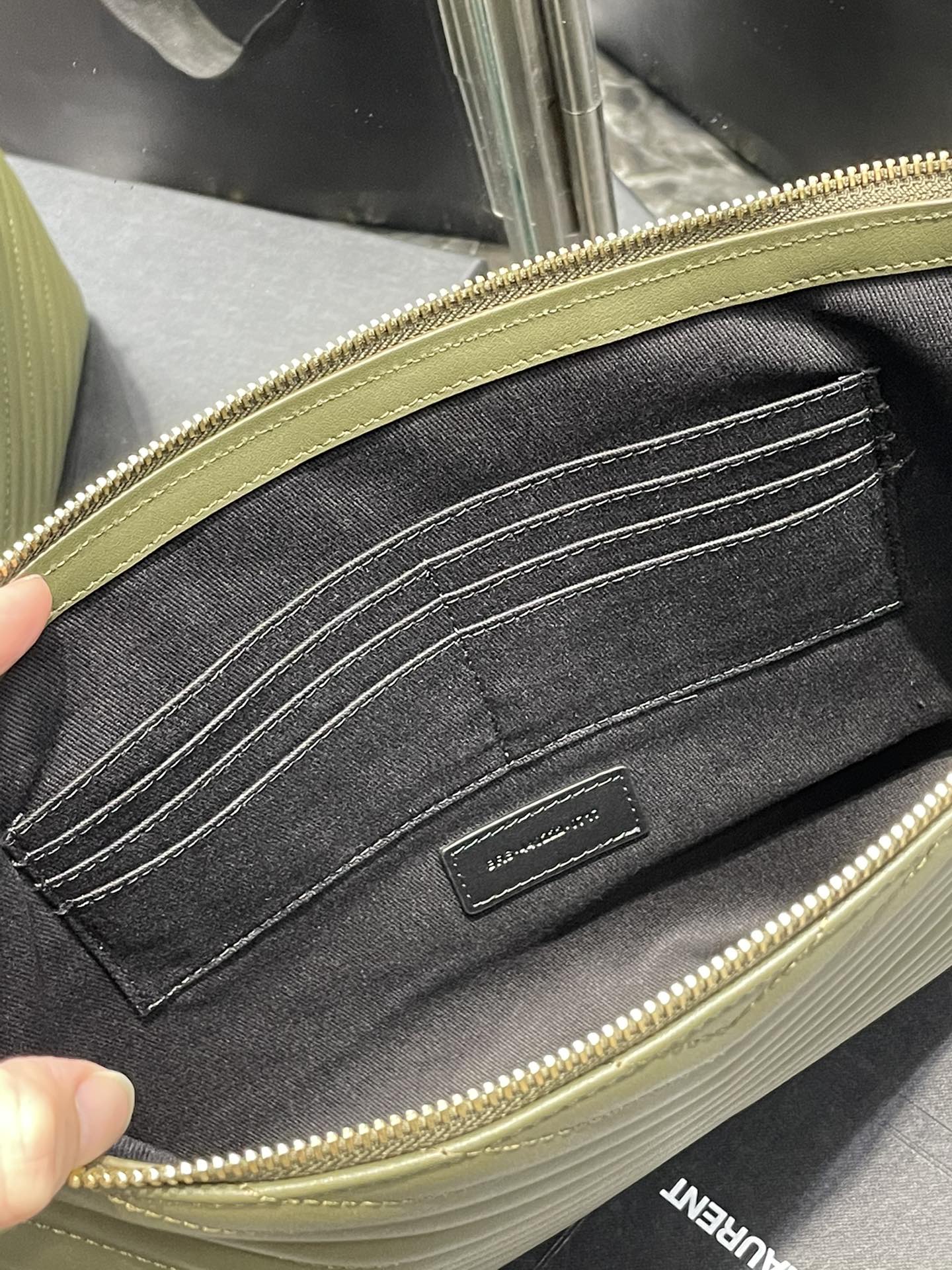 YSL 提花拼接文件手拿包-綠色金扣-36cm