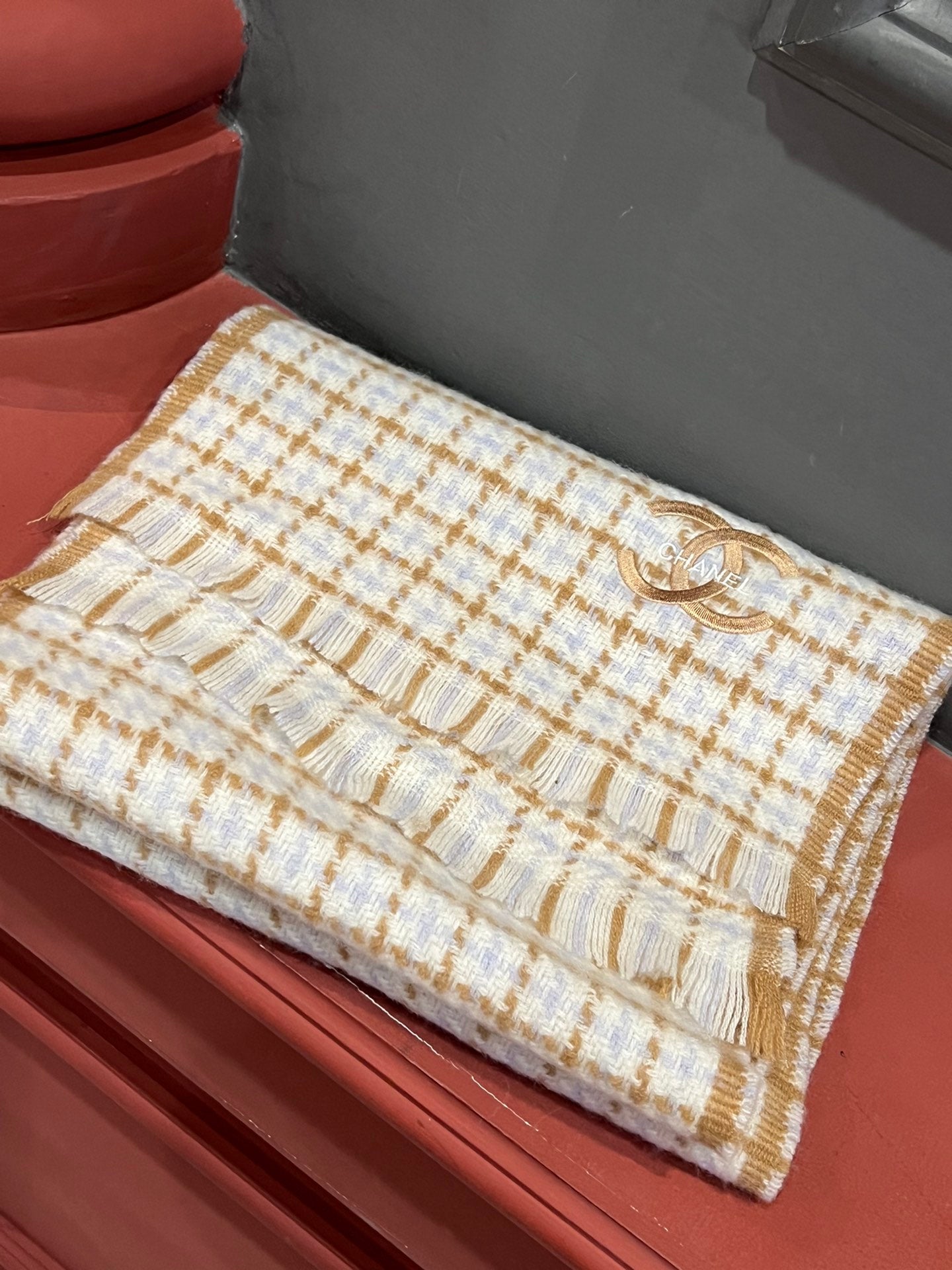 小香家-雙C編織格紋圍巾 190*32cm 100%頂級山羊絨 灰色