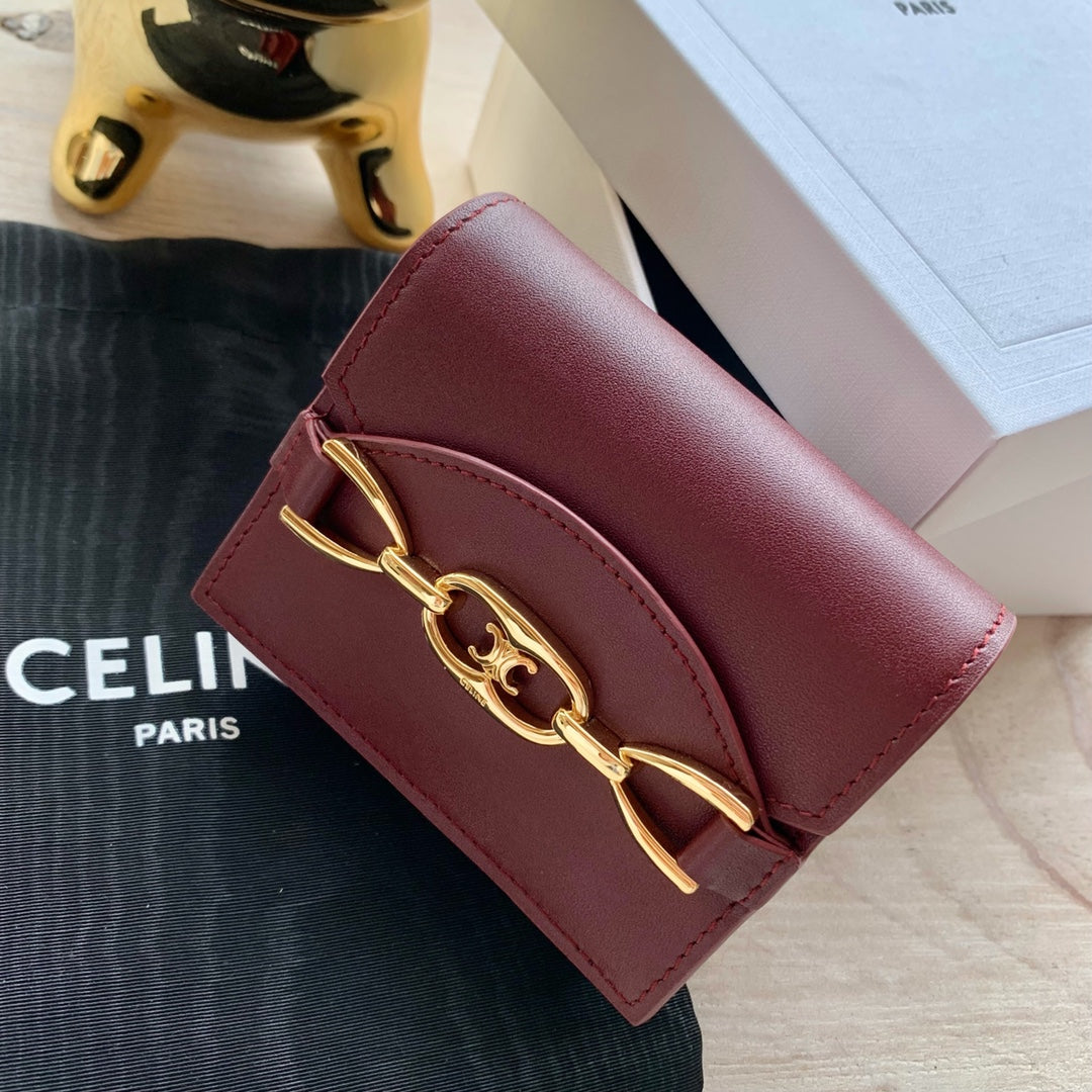 Celine 亮澤牛皮革鏈條卡包