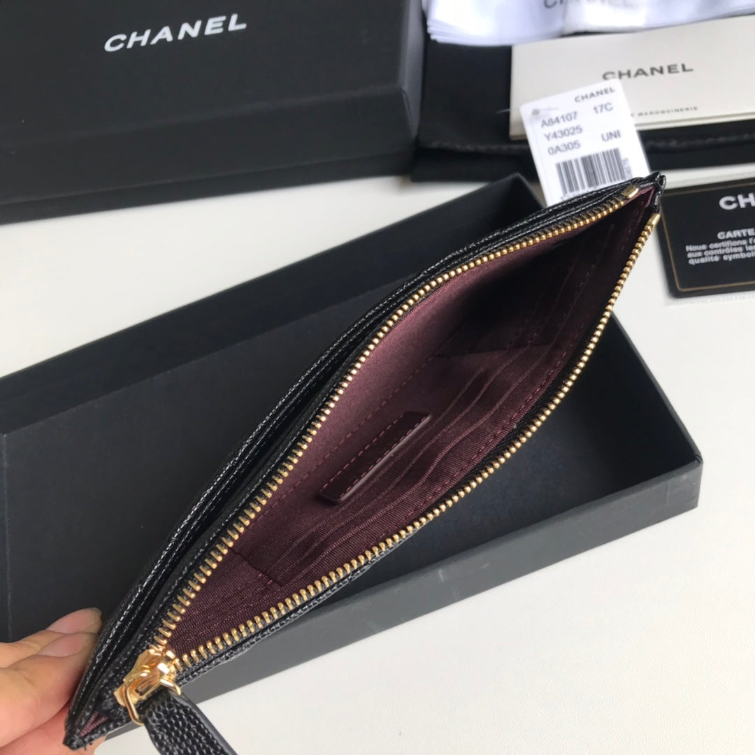 Chanel 拉鍊長夾卡包-扁長夾-黑色荔枝皮金釦