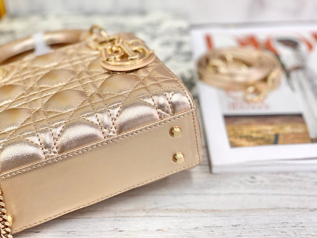 Dior-Mini Lady Dior手袋-三格黛妃-17cm-珠光金金扣