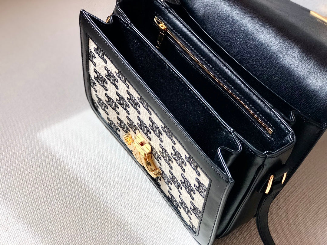 Celine 中號TRIOMPHE刺繡織物和牛皮革手袋-黑色