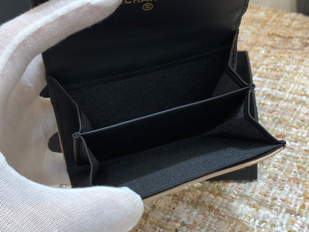 Chanel 復古CC荔枝牛皮-黑杏色翻蓋雙層卡包-仿舊五金