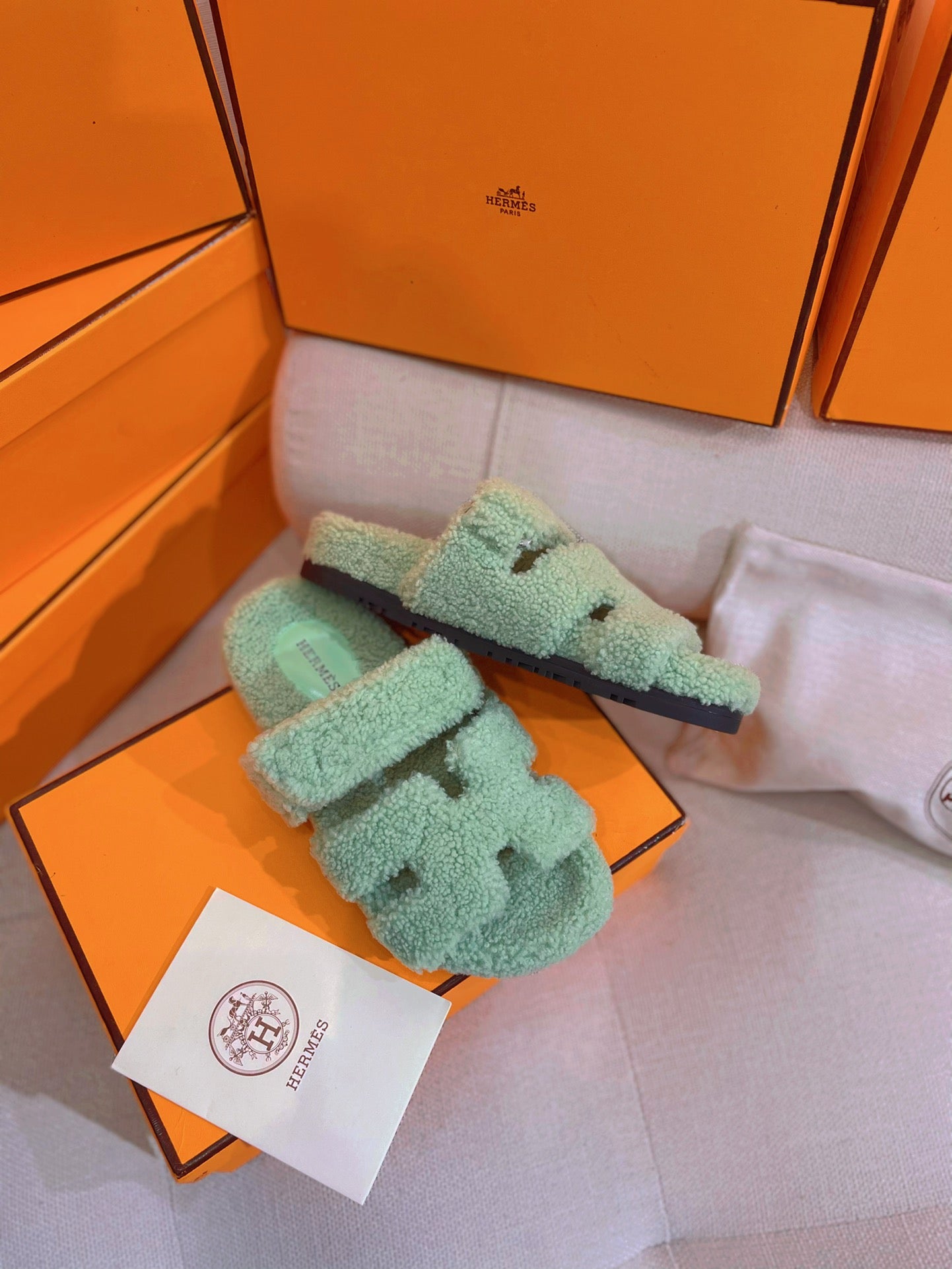 小愛款-2022秋冬新款 羊羔毛拼皮H拖鞋 薄荷綠