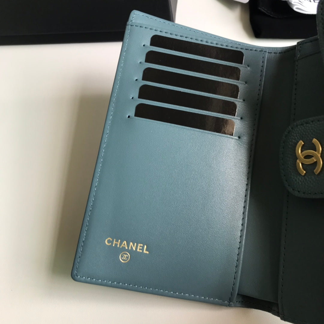 Chanel CF 三折中夾-霧霾藍荔枝皮金釦