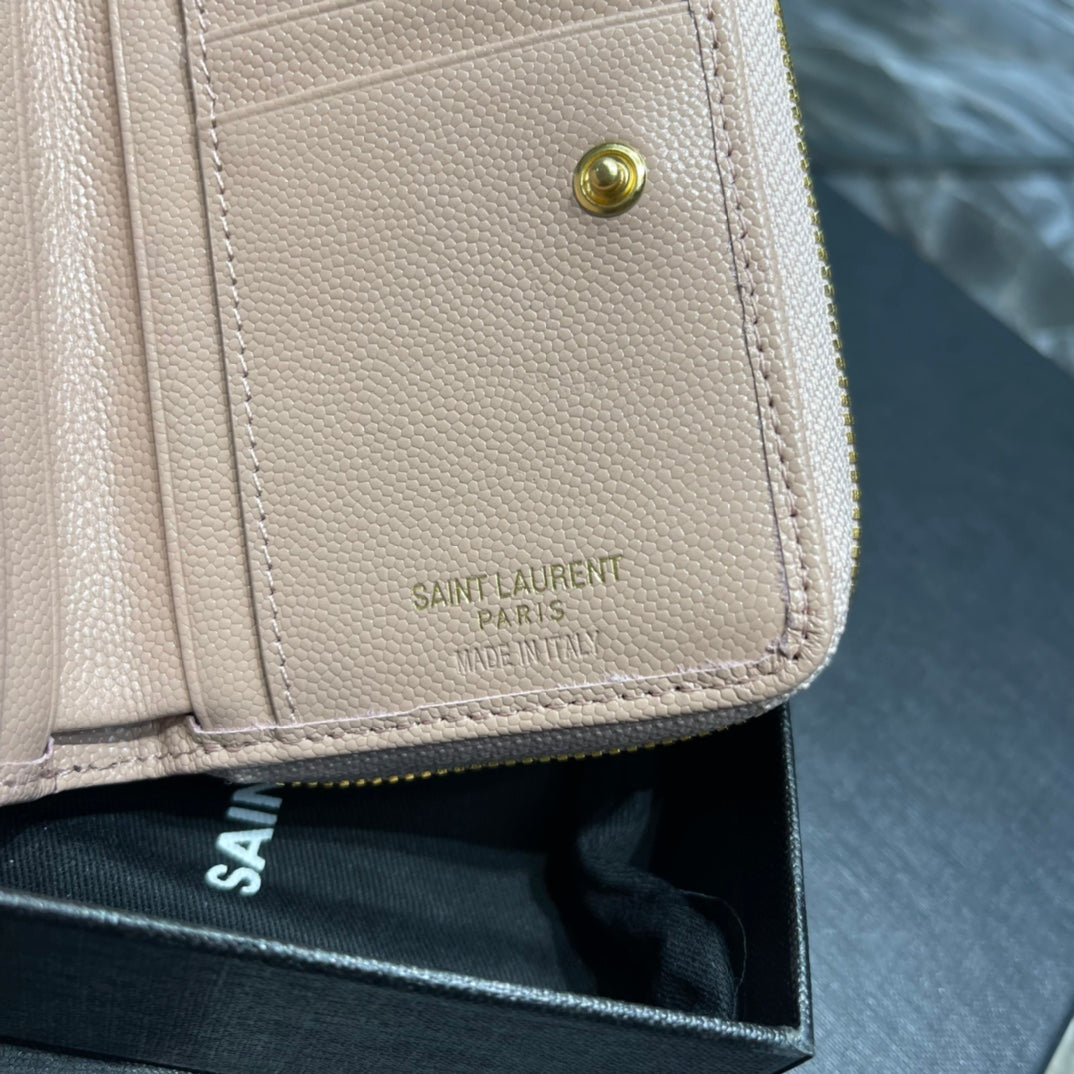 YSL 拉鍊短夾-粉色金扣