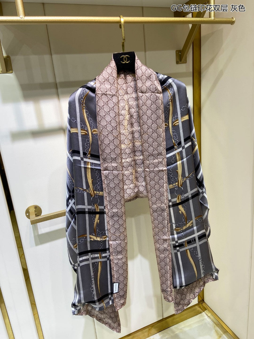 古G家-包鏈印花雙層圍巾 65*180cm 100%桑蠶絲