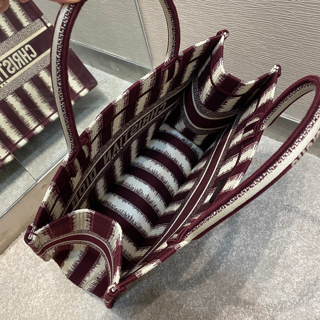Dior Book Tote-小號36.5cm-酒紅色條紋