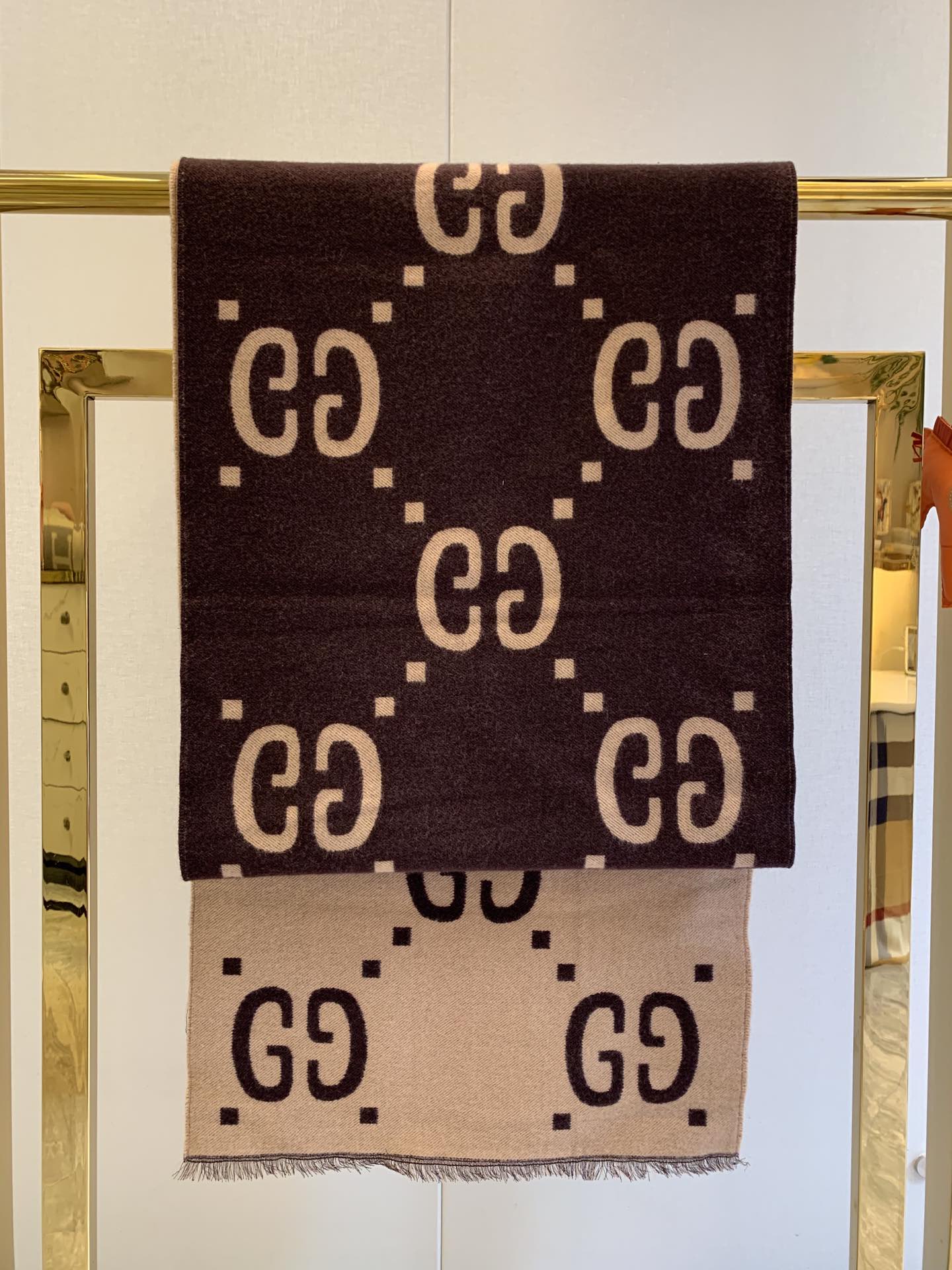 古G家-棕色米色大G羊毛真絲圍巾 35*180cm