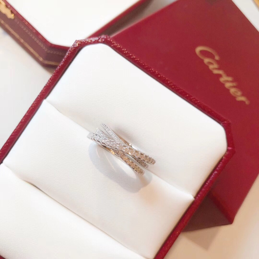 Cartier 窄版交叉戒指戒指-白金-三排鑽