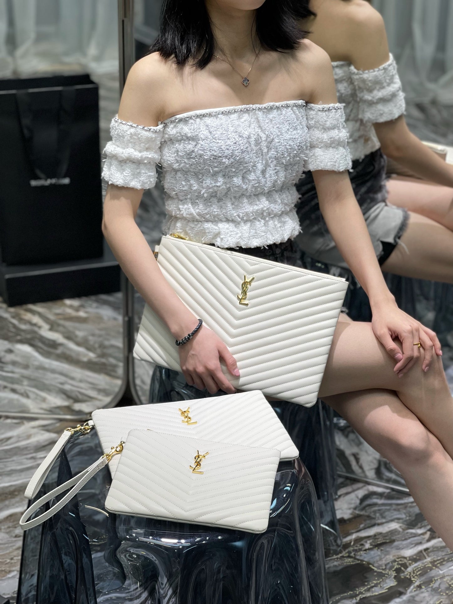 YSL 提花拼接文件手拿包-白色金扣-全尺寸集合