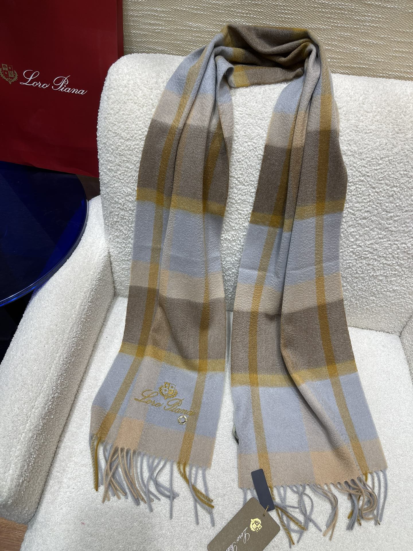 L-Piana-格子圍巾 30*168cm 100%羊絨 藍色