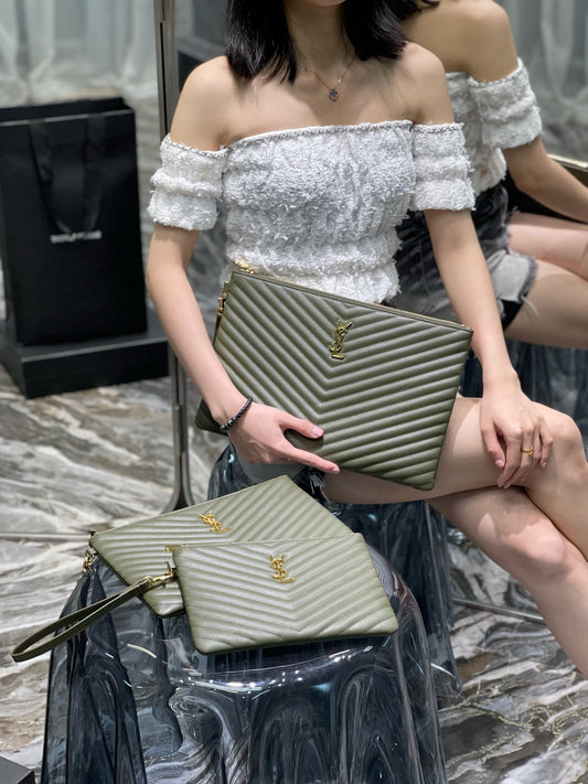 YSL 提花拼接文件手拿包-綠色金扣全尺寸