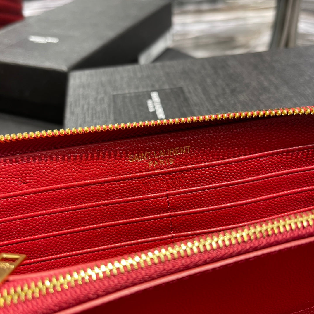 YSL 拉鍊長夾 紅色金扣