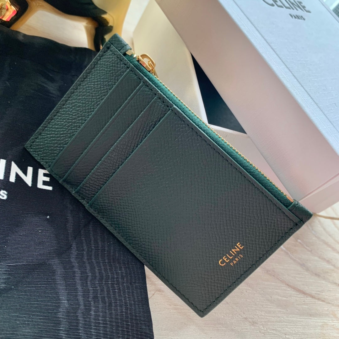 Celine 粒面小牛皮拉鍊卡包-墨綠