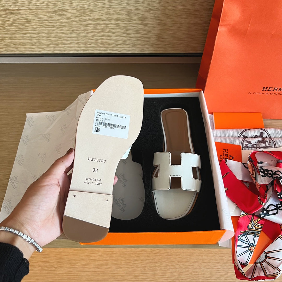 小愛款-H平底拖鞋 純色皮面