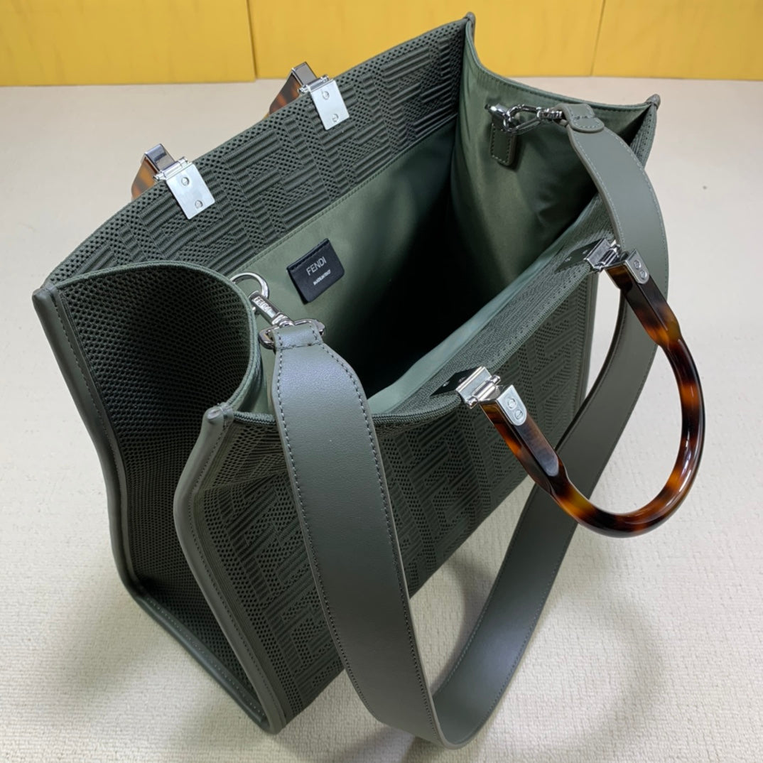 芬F家-Fendi Sunshine-中號灰綠色網眼手提袋