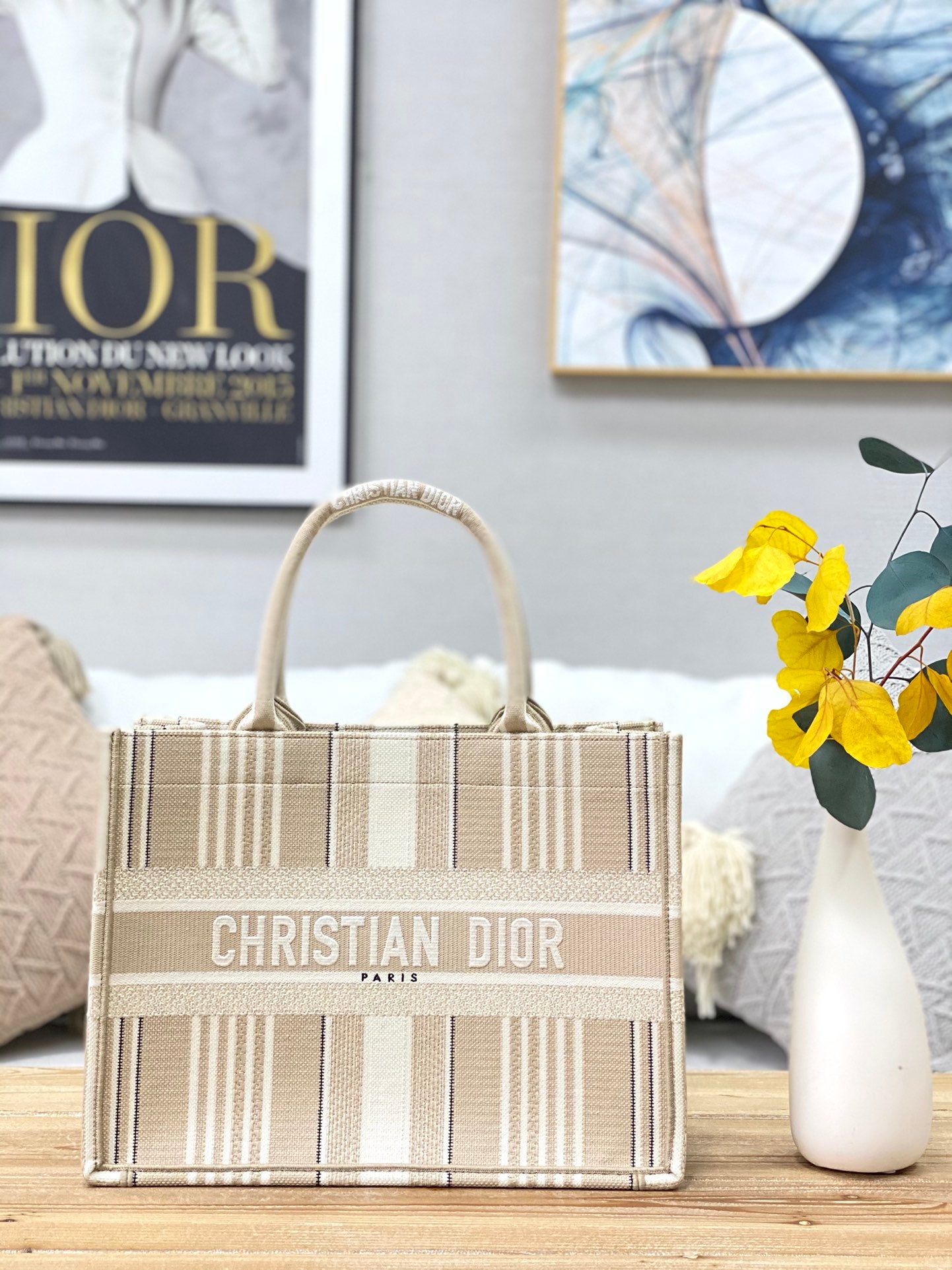 Dior Book Tote-小號36.5cm-米白條紋