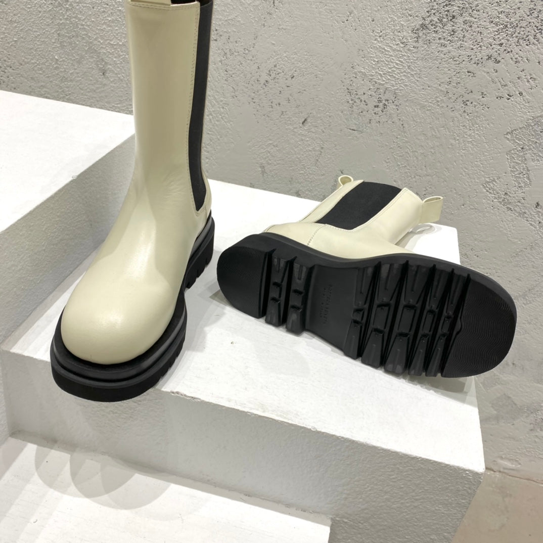 B編織-22SS 英倫復古中筒靴 男女同款 白色黑底