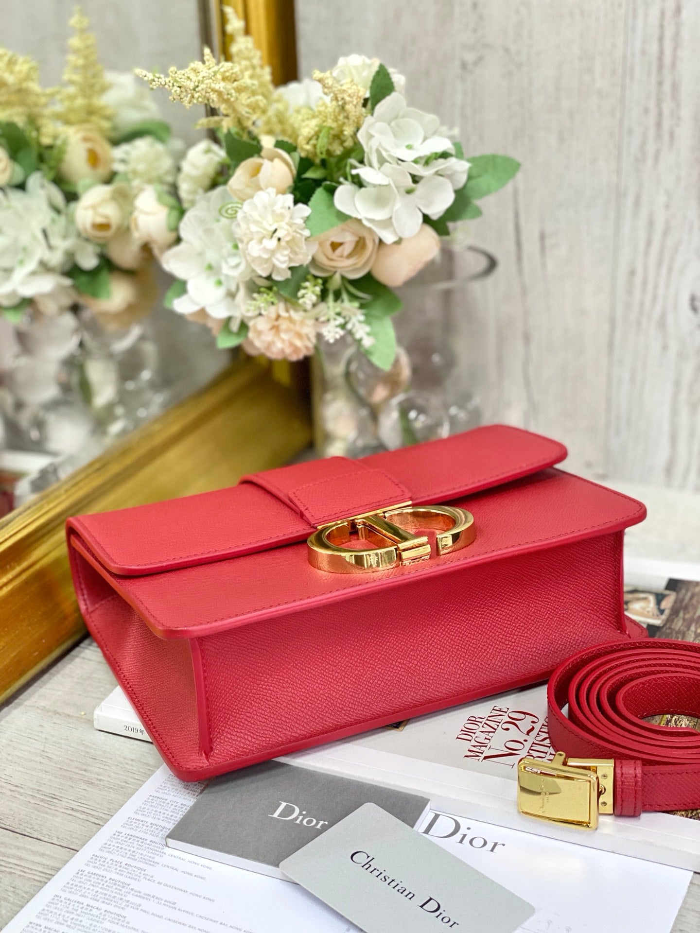 Dior 蒙田 30 Montaigne系列-24cm-牛皮手掌紋-紅色金扣