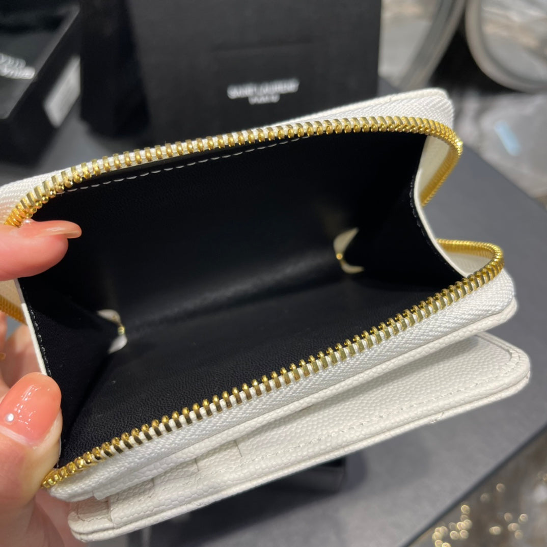 YSL 拉鍊短夾 白色金扣