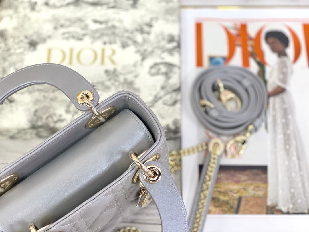 Dior-Mini Lady Dior手袋-三格黛妃-17cm-珠光灰金扣