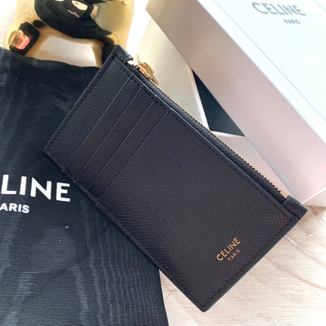 Celine 粒面小牛皮拉鍊卡包-黑色