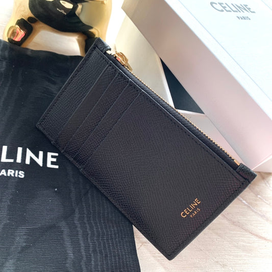Celine 粒面小牛皮拉鍊卡包-黑色