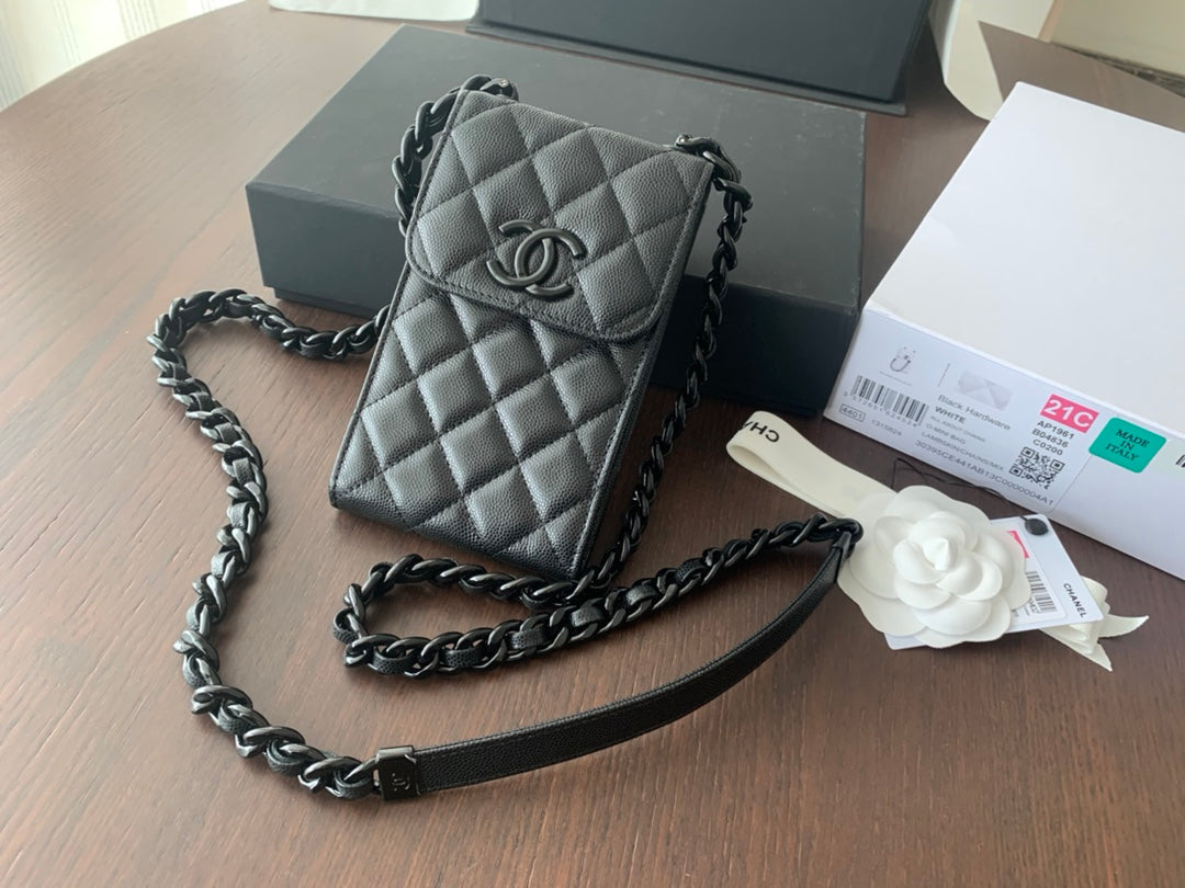 Chanel 手機包-黑色球紋牛皮-黑扣