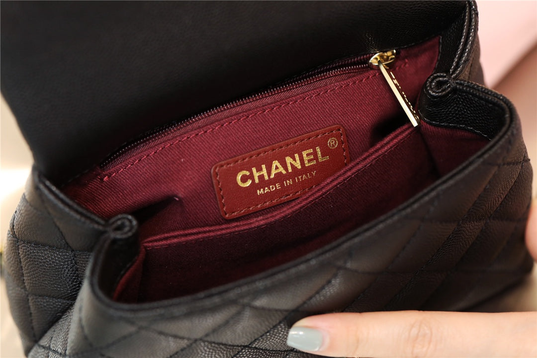 Chanel mini coco handle-黑色球文牛皮+棗紅蜥蜴皮手腕-淡金扣