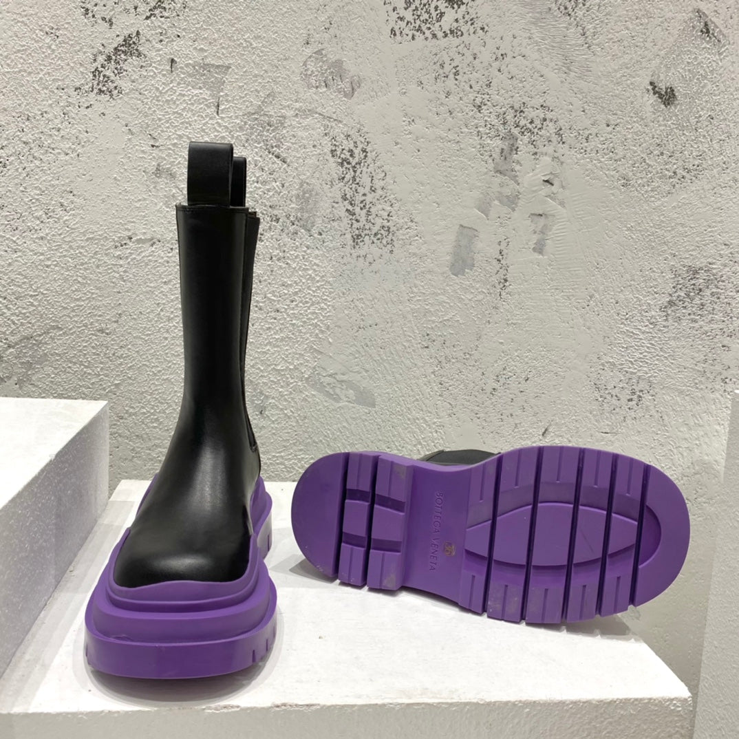 B編織-22SS 英倫復古中筒靴 男女同款 黑色紫底