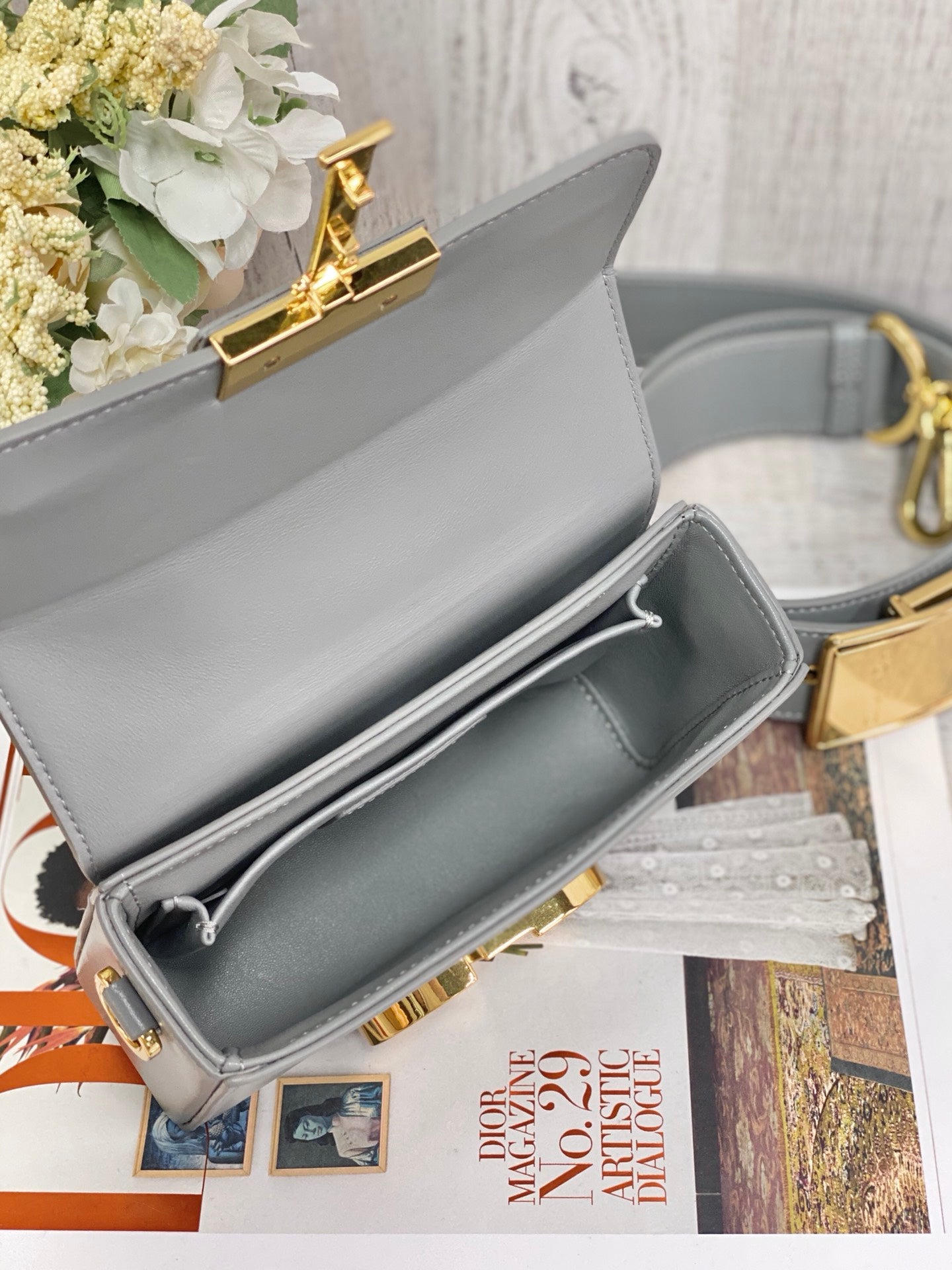 Dior 蒙田 Mini Box-平紋牛皮-金扣-17.5cm-灰色