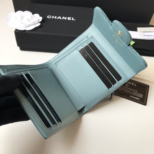 Chanel 三折短夾-霧霾藍球紋皮金釦